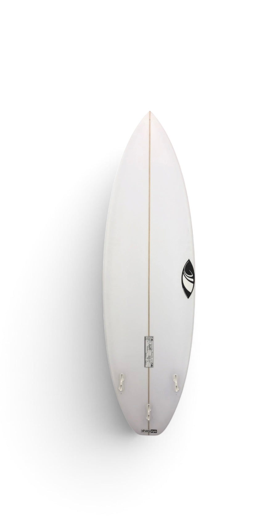 White Sharpeye shortboard surfboard bottom view with thruster fin setup and black logo