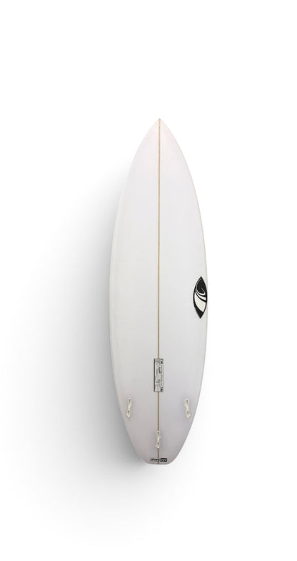 White Sharpeye shortboard surfboard bottom view with thruster fin setup and black logo