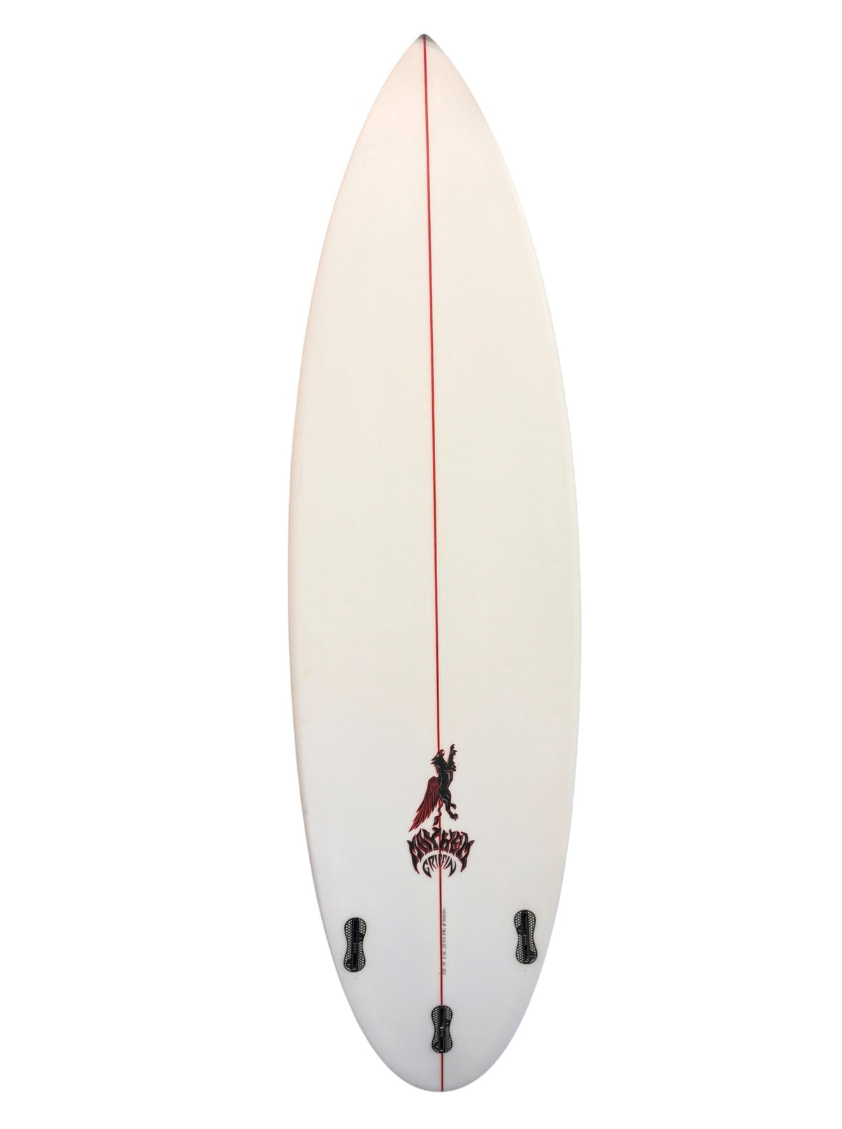 Bottom of lost surfboard with picture of a small red griffin. 

