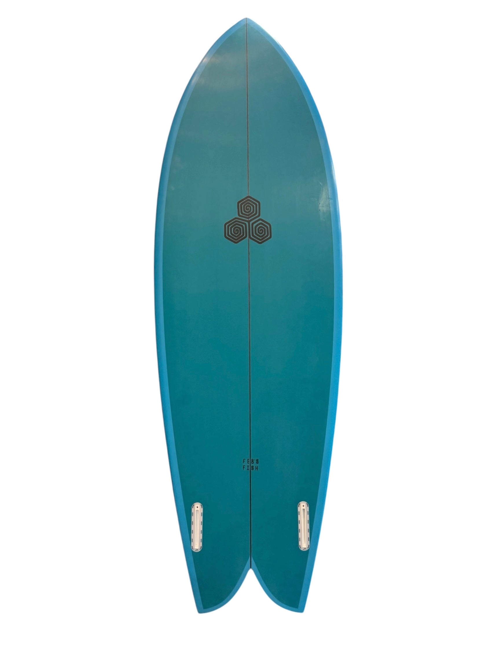 Bottom of green board with blue rails. Stringer going down middle. Channel islands black logo center top with "Febs Fish" on bottom of board in middle. Two Future fin boxes.