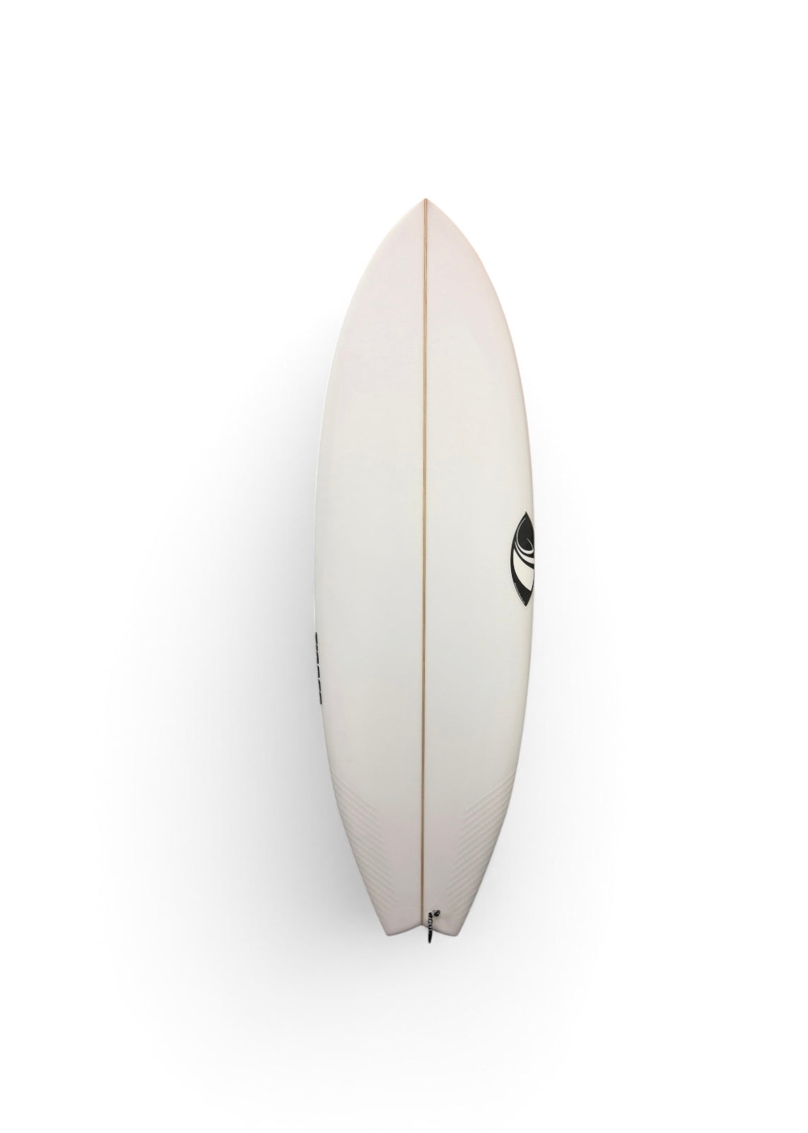 Top Of White Surfboard with Gold Stringer going down middle of board from nose to tail. Sharp Eye Logo on the right side of board on the rail. "Zipper" on the middle left side of the rail as well.