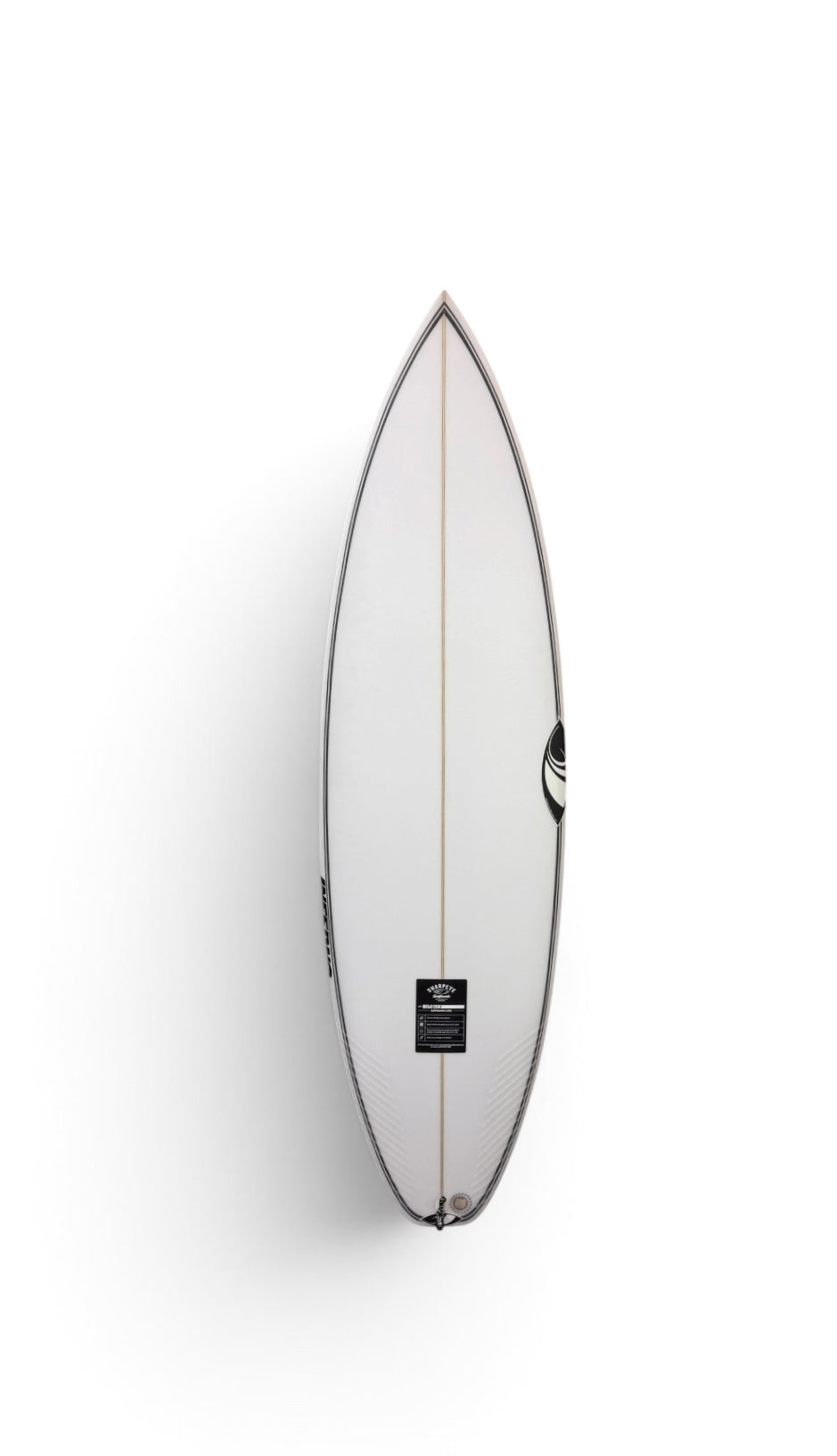 White Sharpeye shortboard surfboard top view with black rail accents and center stringer