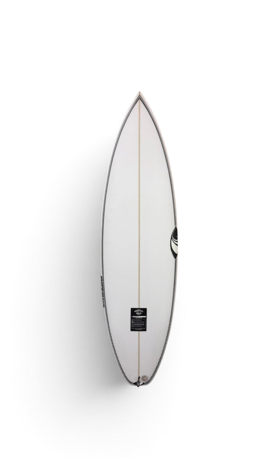 White Sharpeye shortboard surfboard top view with black rail accents and center stringer