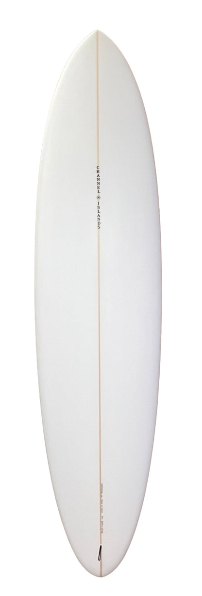 Mid 7'6" surfboard with clear finish, pointed nose, and long stringer line