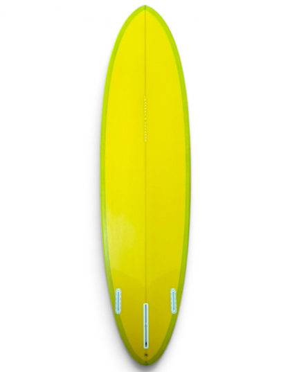 Bottom of a yellow Channel Island surfboard. 