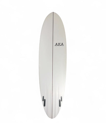 A white surfboard with a black AKA logo printed on the right center, shown floating against a solid white background.