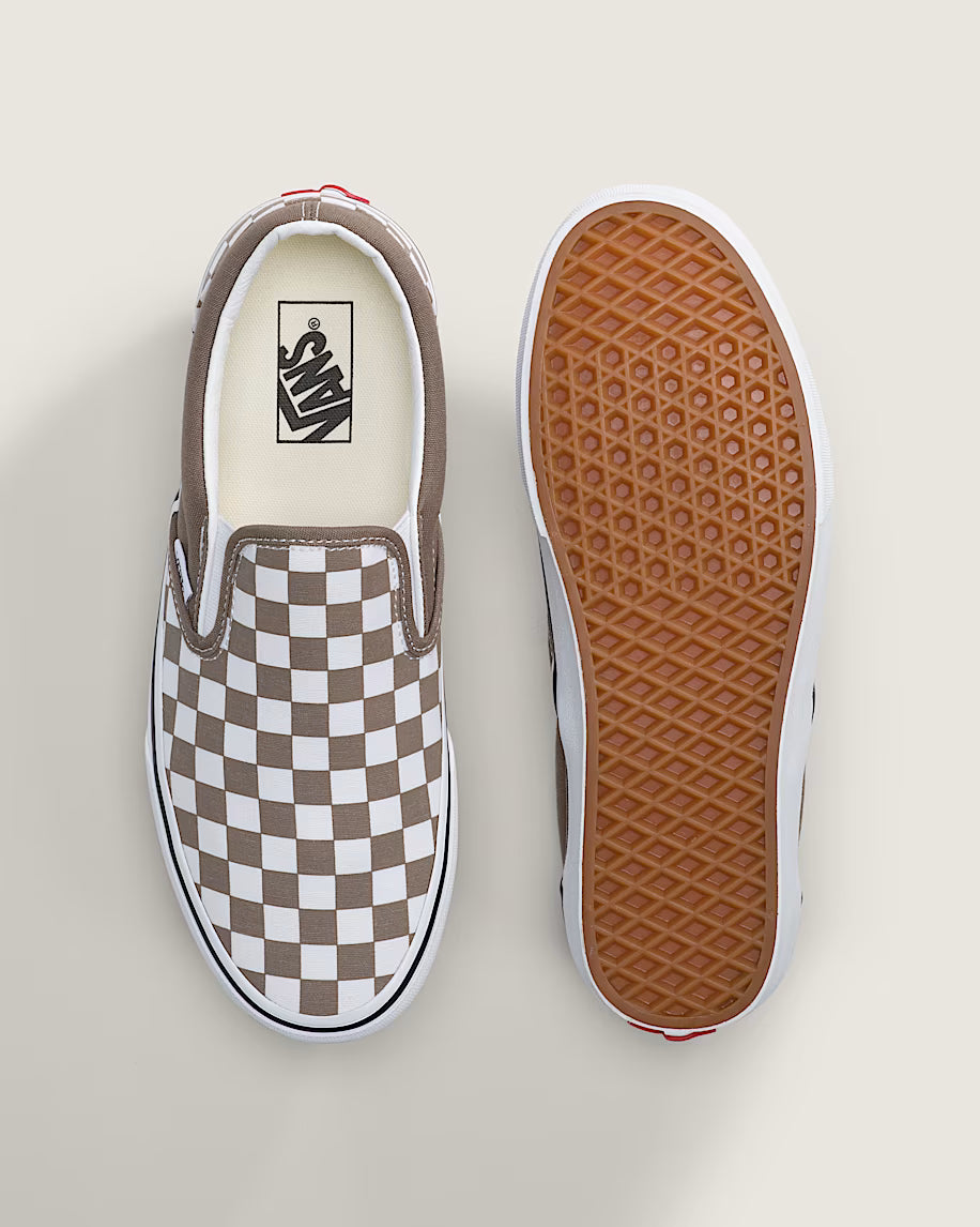 Vans Men's Classic Slip-On Checkerboard Shoe Walnut Brown / White