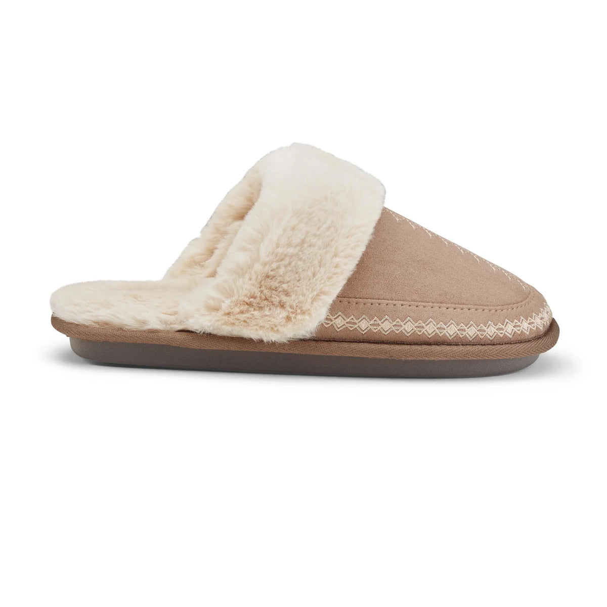 Side view of Cobian Colima Mule slippers in Tan showcasing soft cream faux fur lining, embroidered stitching, and a low-profile gray sole.
