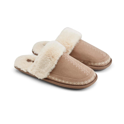 Cobian Colima Mule Tan slippers featuring closed-toe suede-like uppers, cozy cream faux fur collars, and open-back slip-on design.