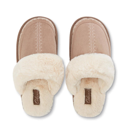 Top view of Cobian Colima Mule slippers in Tan showing plush cream faux fur interiors, embroidered toe detailing, and Cobian branded footbeds.