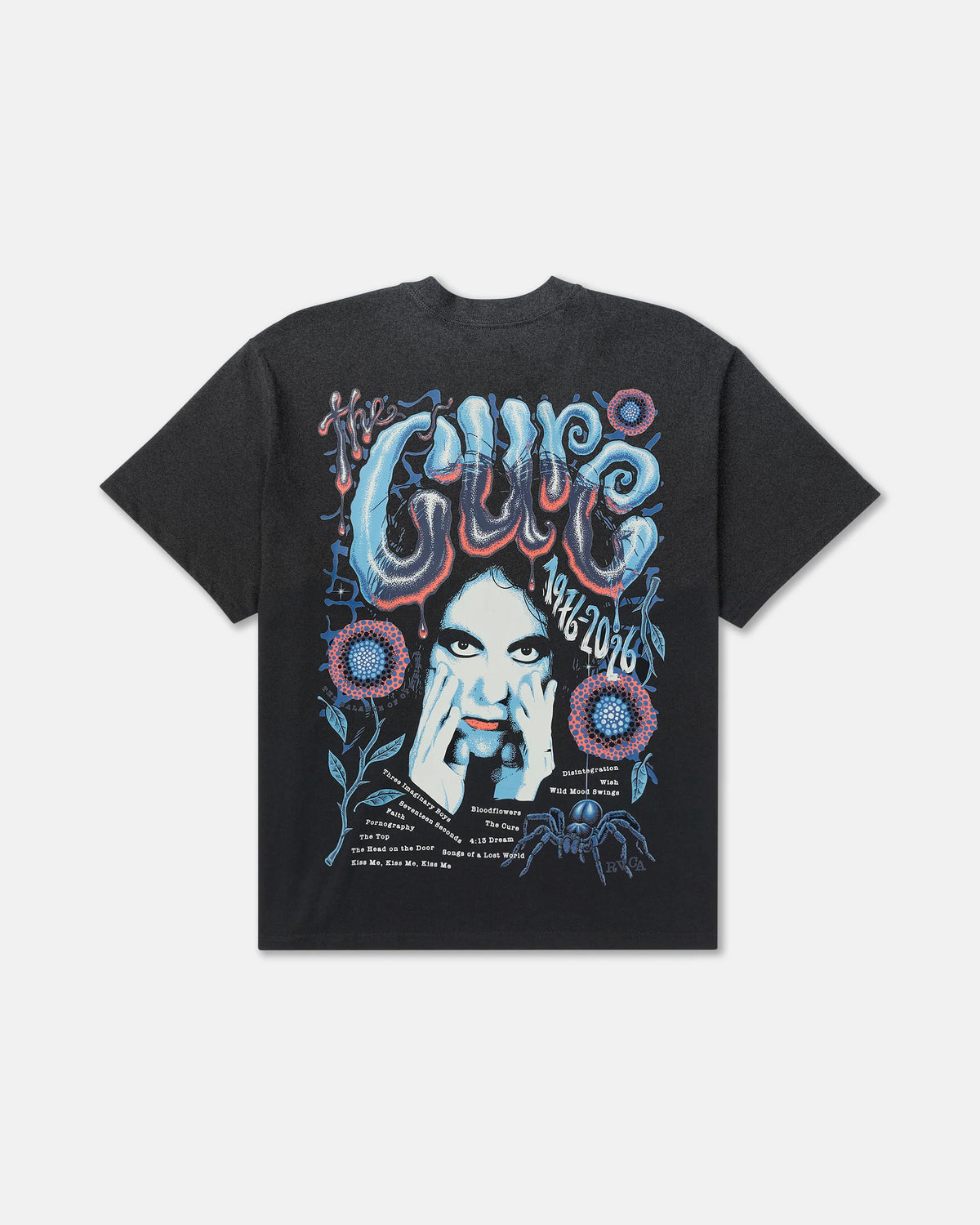 RVCA x The Cure Black Graphic Tee featuring an oversized back print with blue and red psychedelic lettering, Robert Smith artwork, flowers, and a spider.