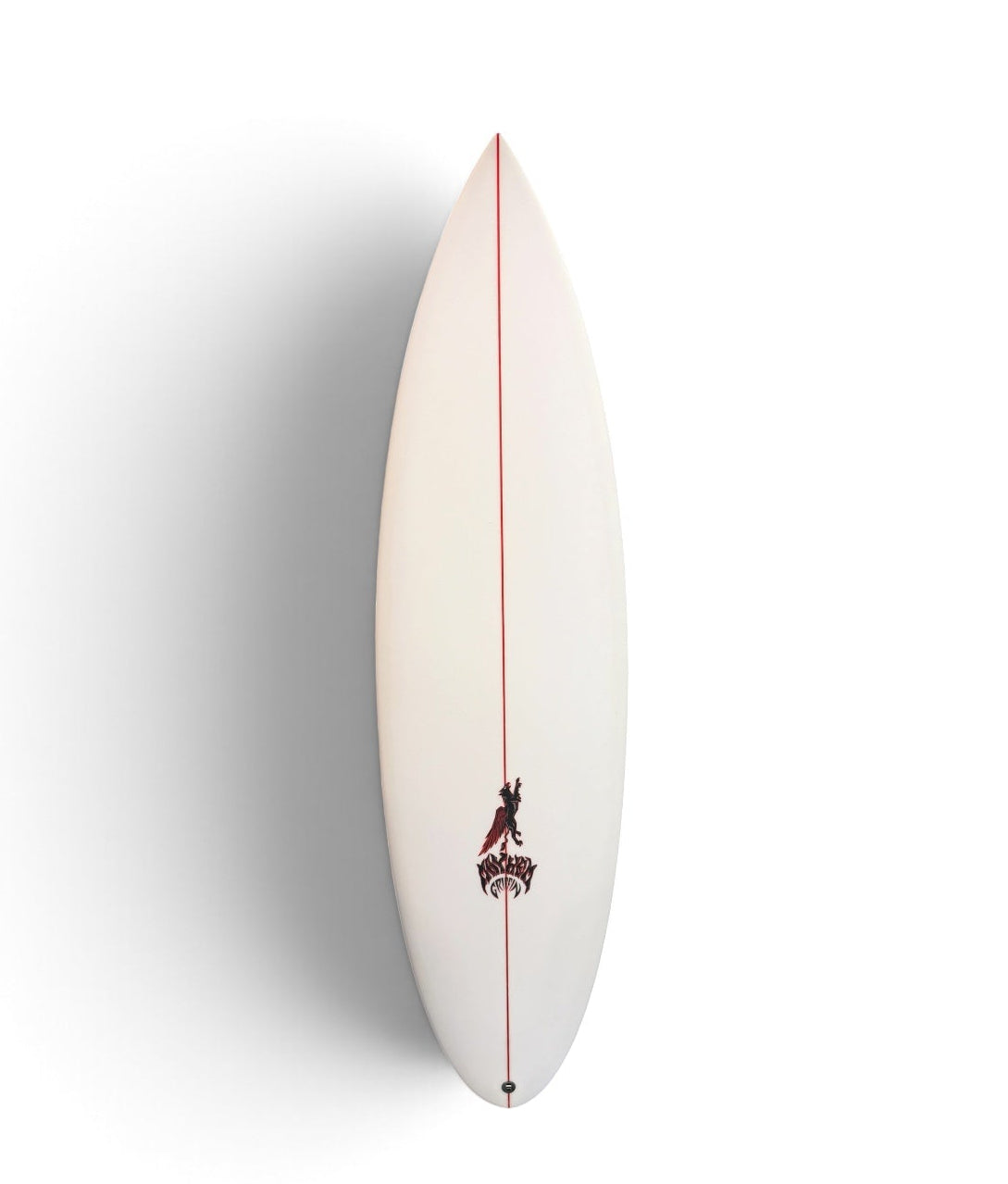 White lost surfboard with a griffin and mayhem design on top. 