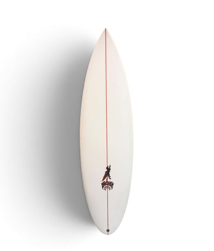 White lost surfboard with a griffin and mayhem design on top. 