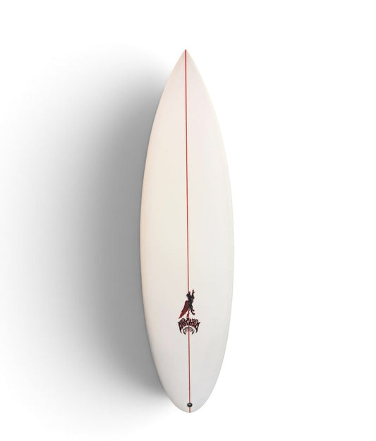 White lost surfboard with a griffin and mayhem design on top. 