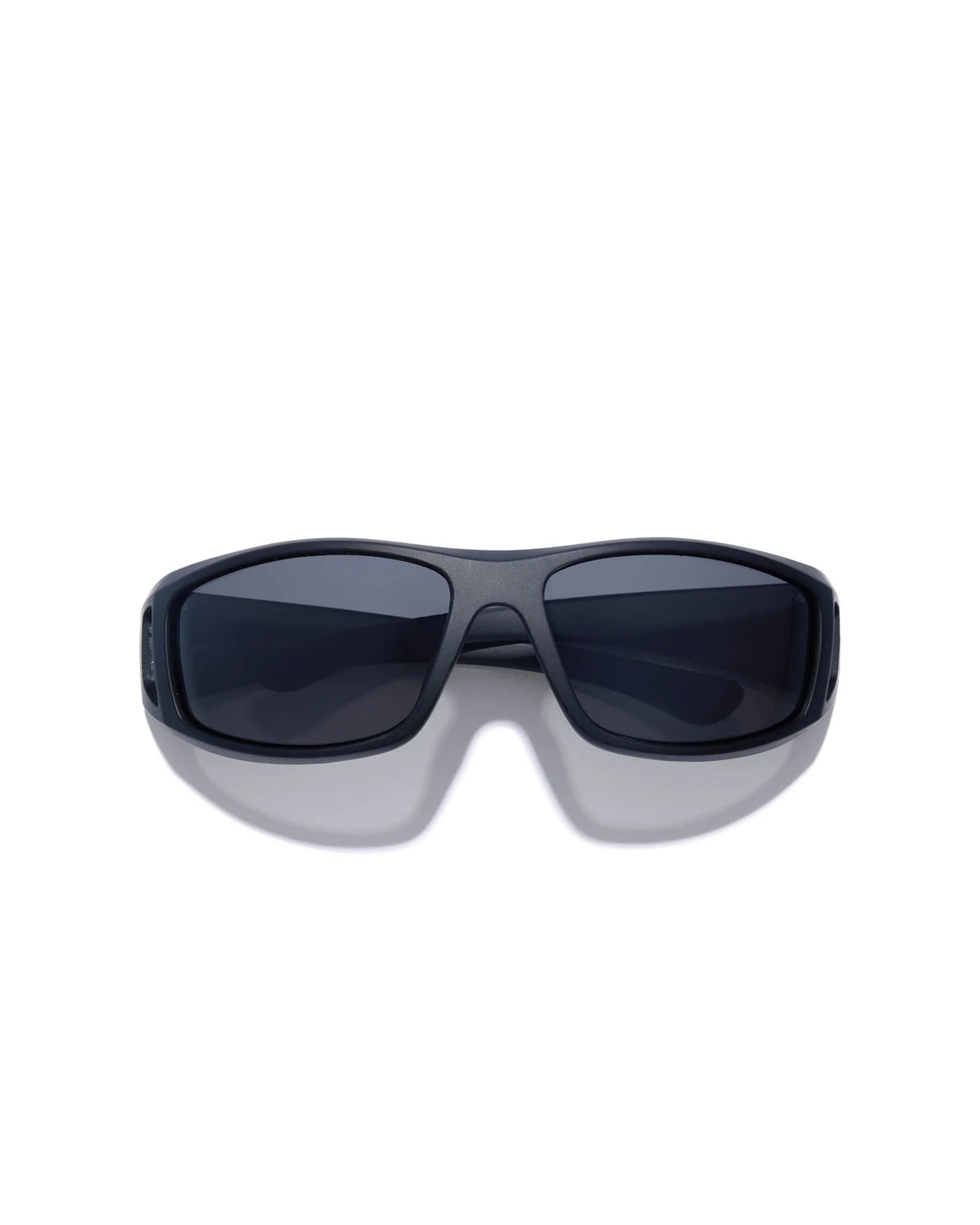 Dragster Matte Black Sunglasses featuring dark smoke lenses, a bold rectangular wraparound frame, and a sporty design, shown from the front.