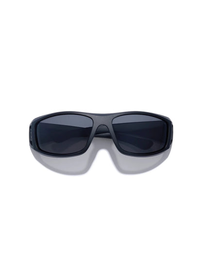 Dragster Matte Black Sunglasses featuring dark smoke lenses, a bold rectangular wraparound frame, and a sporty design, shown from the front.