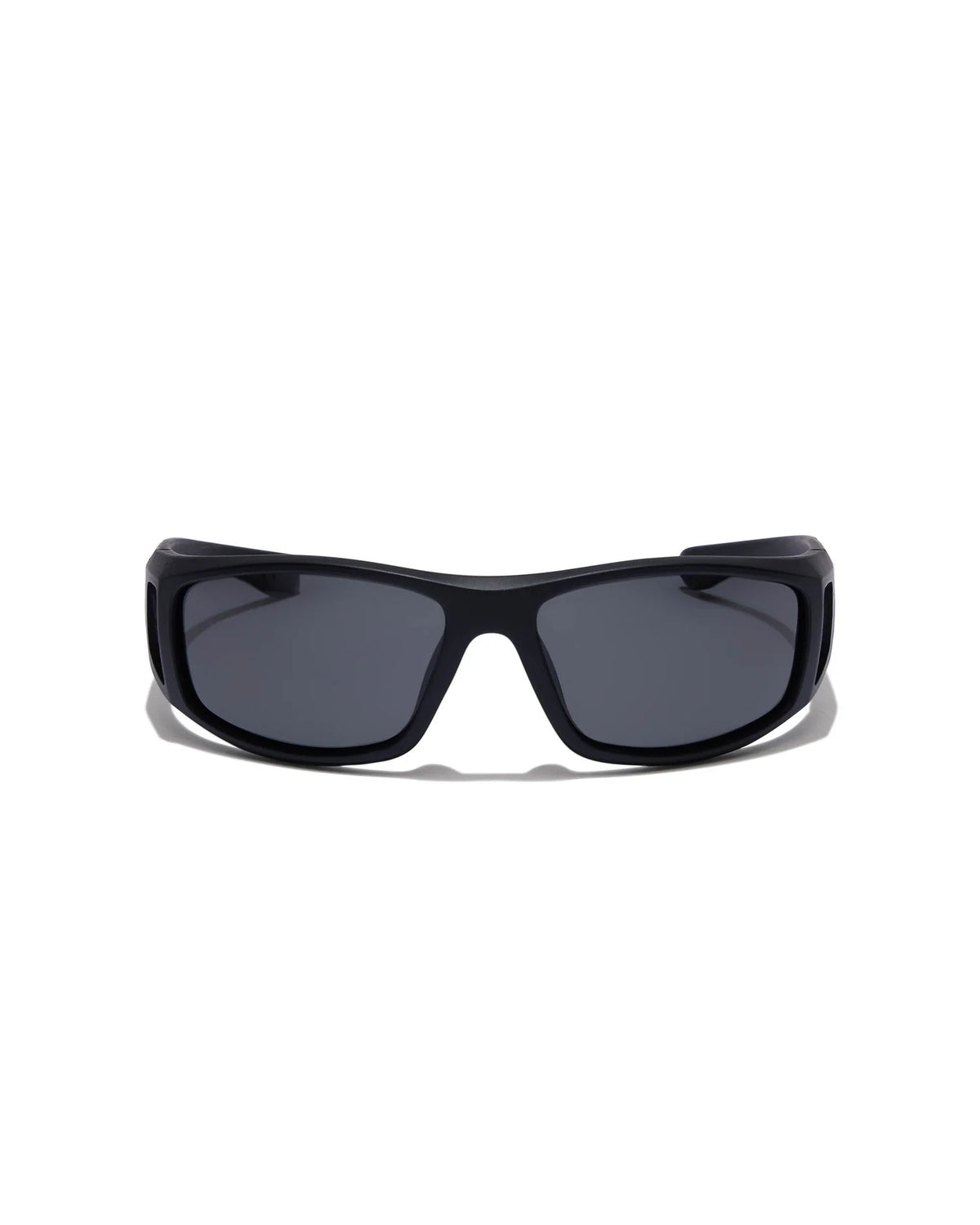 Dragster Matte Black Sunglasses with smoke tinted lenses, a thick black frame, and a sleek wraparound design, shown from a straight-on front angle.