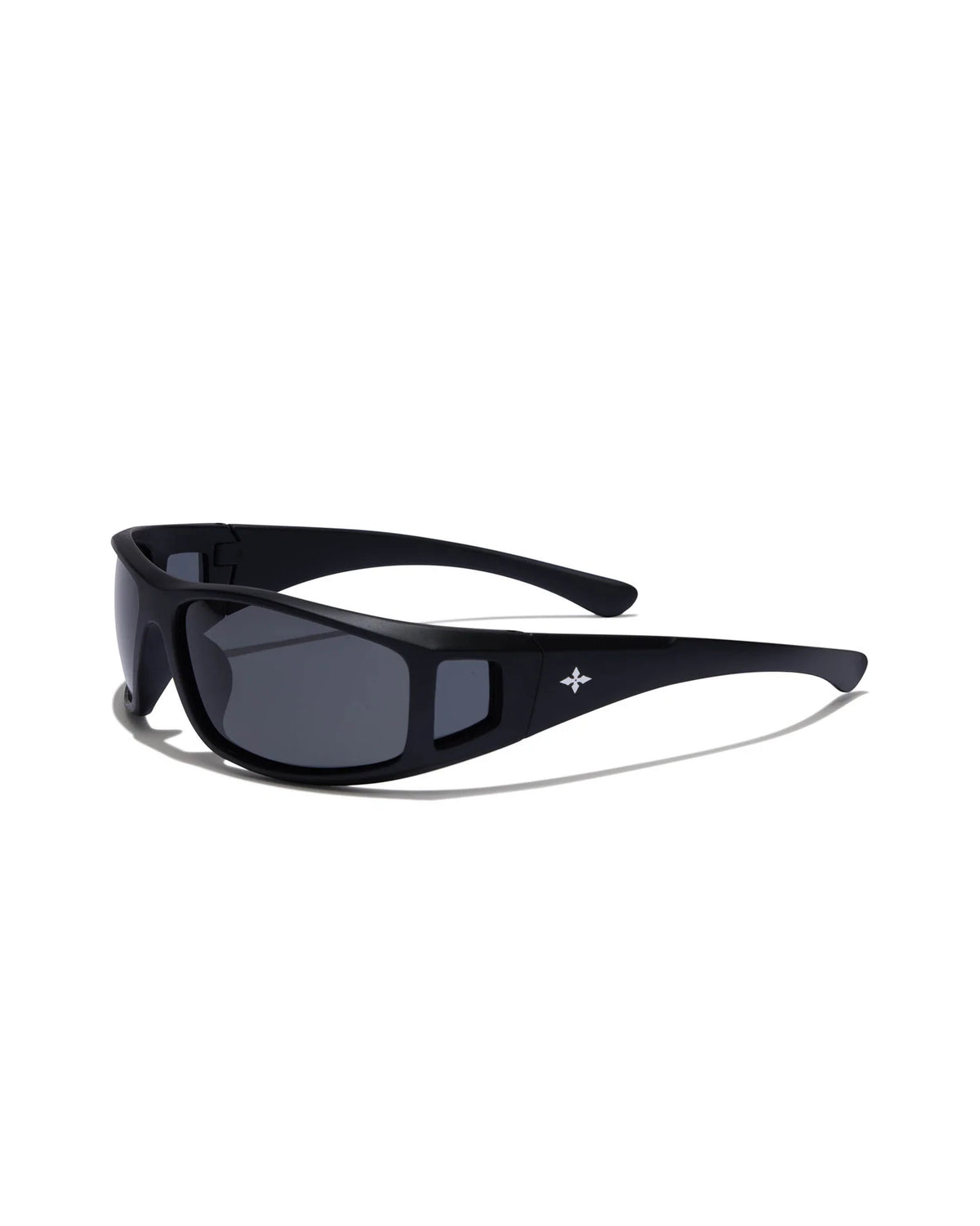 Dragster Matte Black Sunglasses featuring dark smoke lenses, wide temples, side ventilation cutouts, and signature logo detailing, shown at an angle.