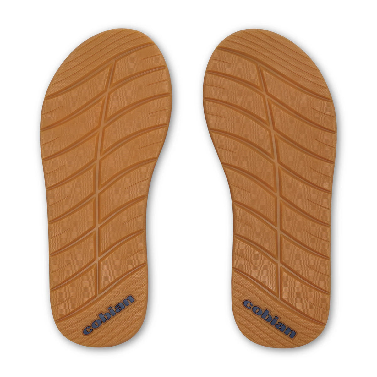 Cobian Draino 3 Brown Flip Flops bottom view featuring tan rubber outsoles with diagonal traction grooves and Cobian branding at the heels