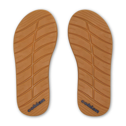 Cobian Draino 3 Brown Flip Flops bottom view featuring tan rubber outsoles with diagonal traction grooves and Cobian branding at the heels