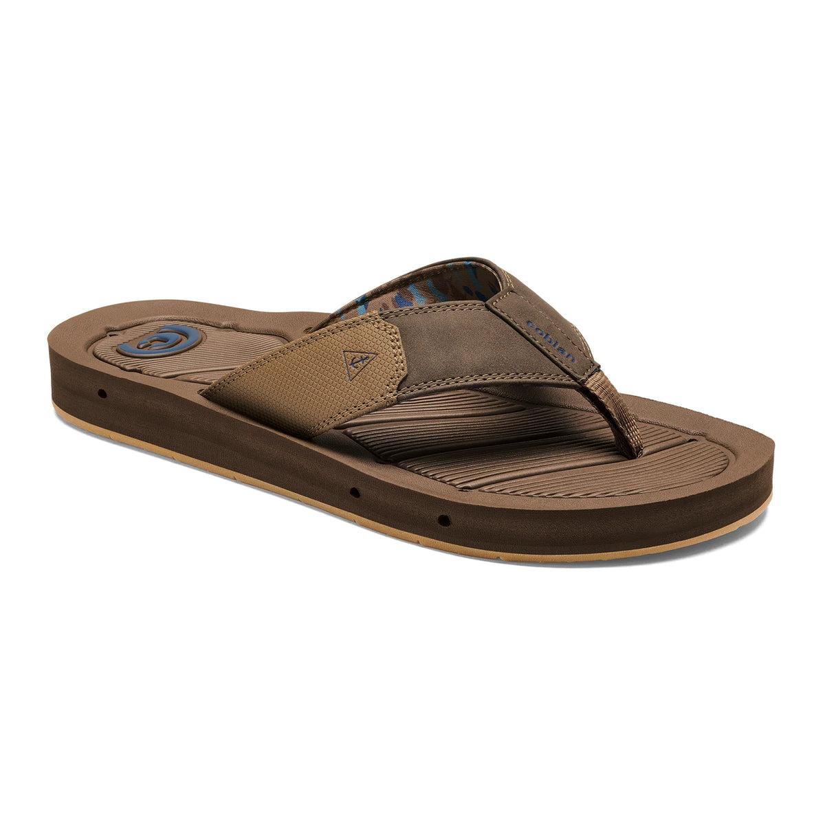 Cobian Draino 3 Brown Flip Flop angled view featuring textured brown footbed, tan and brown stitched straps, blue logo and drainage holes along the midsole