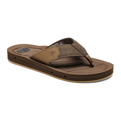 Cobian Draino 3 Brown Flip Flop angled view featuring textured brown footbed, tan and brown stitched straps, blue logo and drainage holes along the midsole