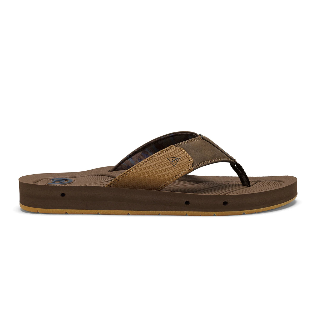 Cobian Draino 3 Brown Flip Flop side profile showing contoured footbed, textured tan strap, drainage holes and tan rubber outsole