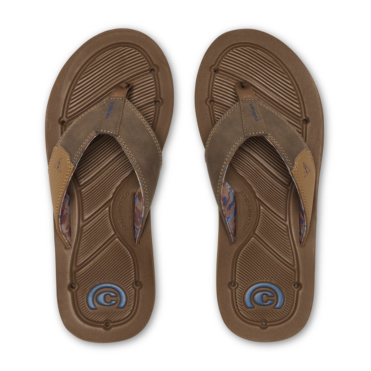 Cobian Draino 3 Brown Flip Flops top view featuring contoured brown footbeds with drainage channels, stitched brown straps and blue Cobian heel logos