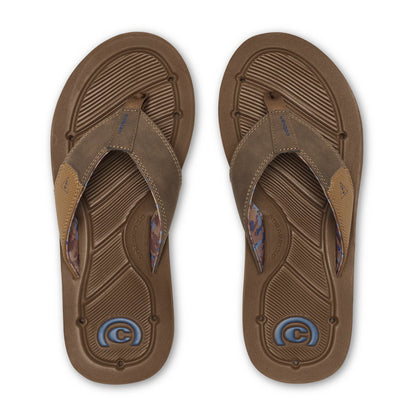 Cobian Draino 3 Brown Flip Flops top view featuring contoured brown footbeds with drainage channels, stitched brown straps and blue Cobian heel logos
