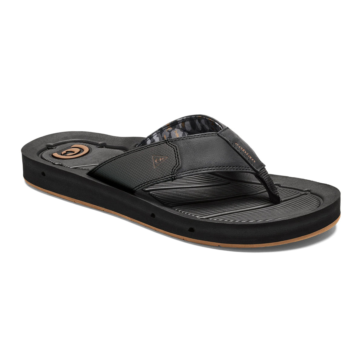 Cobian Draino 3 Midnight Flip Flop angled view featuring black contoured footbed, textured black straps, patterned lining and tan rubber outsole