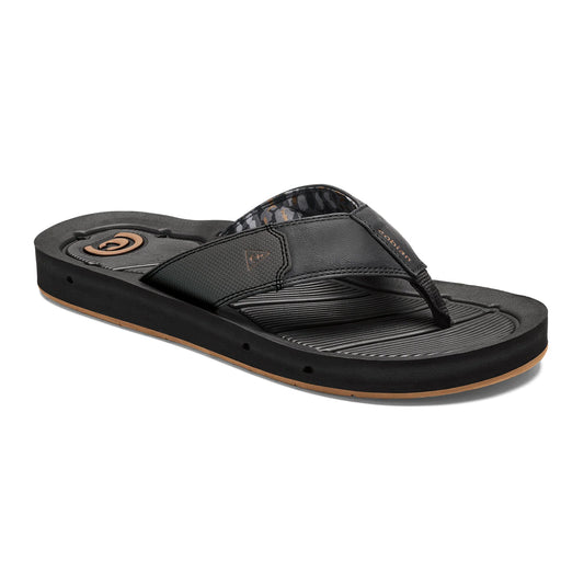Cobian Draino 3 Midnight Flip Flop angled view featuring black contoured footbed, textured black straps, patterned lining and tan rubber outsole