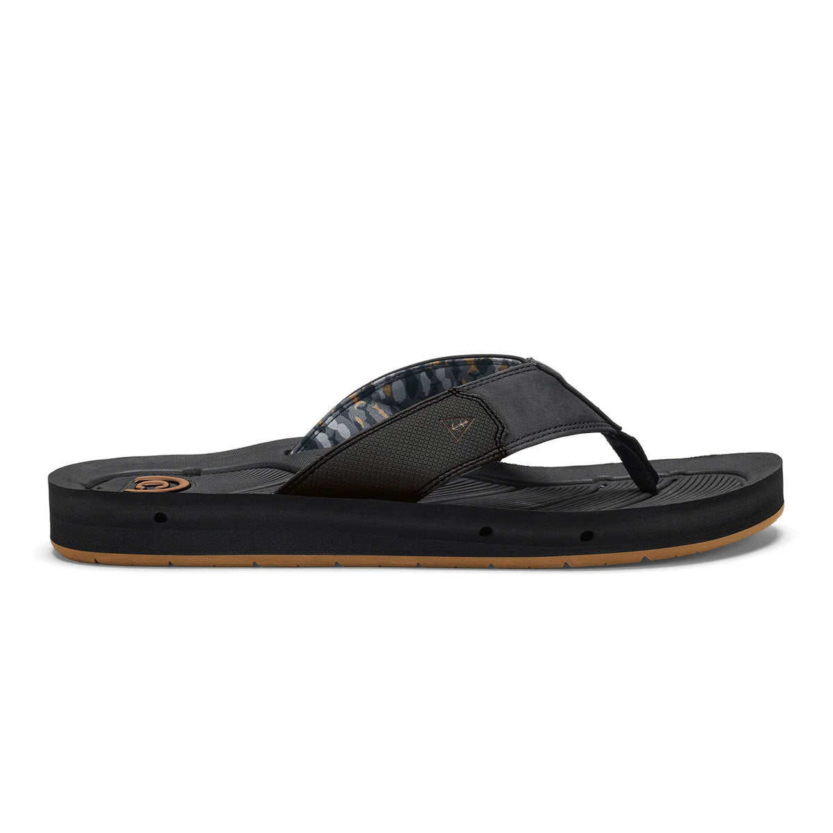 Cobian Draino 3 Midnight Flip Flop side profile showing black stitched straps, cushioned footbed with drainage holes and tan rubber outsole