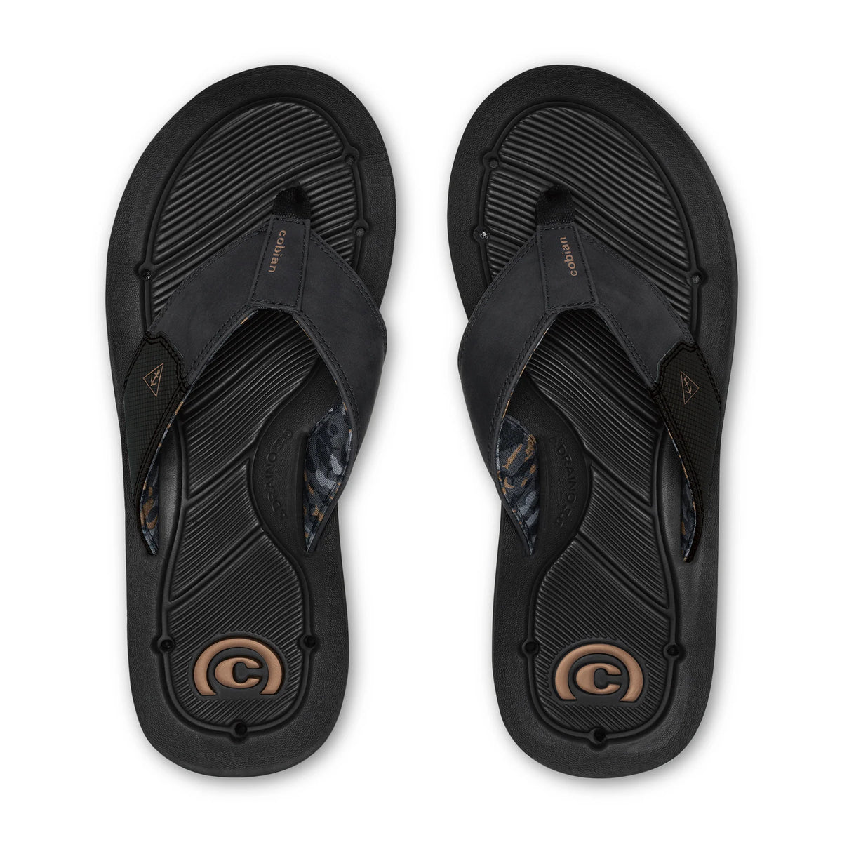 Cobian Draino 3 Midnight Flip Flops top view featuring black contoured footbeds with drainage channels, patterned strap lining and tan Cobian heel logos