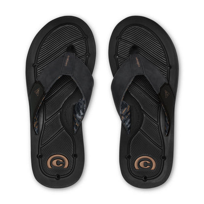 Cobian Draino 3 Midnight Flip Flops top view featuring black contoured footbeds with drainage channels, patterned strap lining and tan Cobian heel logos