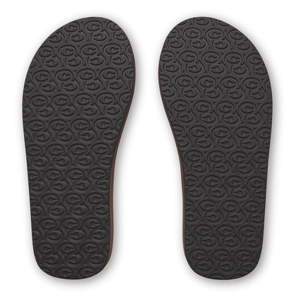 Bottom view of Cobian Dunes men's flip flops featuring black rubber outsoles with a repeating Cobian logo tread pattern.
