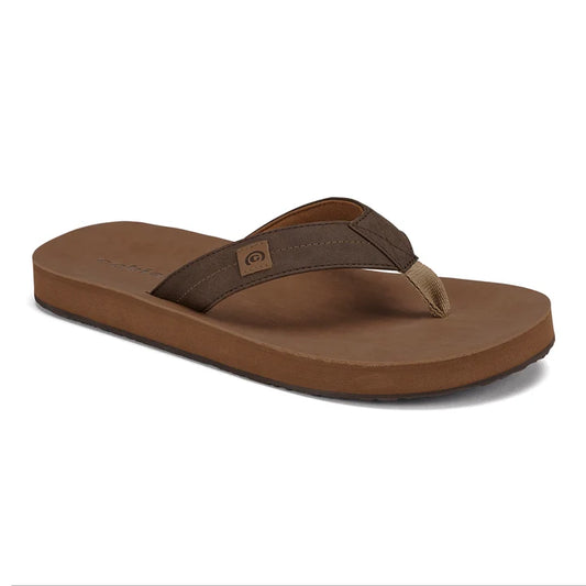 Cobian Dunes men's flip flop in Brown featuring a tan footbed, dark brown stitched thong strap, woven toe post, and Cobian logo patch.