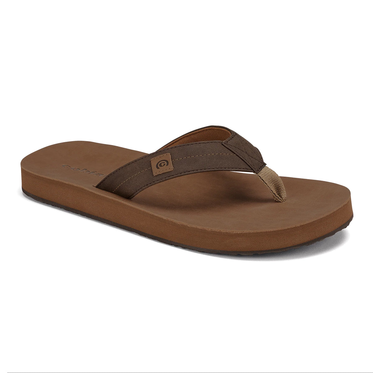 Angled product view of Cobian Dunes men's flip flop in Brown featuring a dark brown V-shaped strap, tan Cobian logo patch, and matching brown footbed.