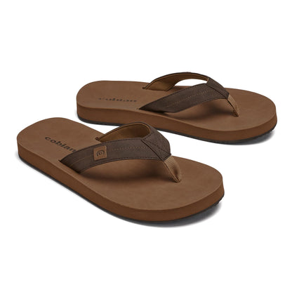 Cobian Dunes Brown men's flip flops displayed as a pair, featuring cushioned tan footbeds, dark brown padded straps, Cobian logo detailing, and black rubber outsoles.