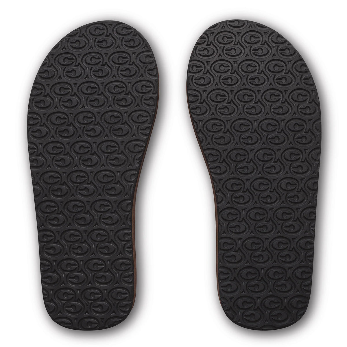 Cobian Dunes flip flops in Chocolate featuring black rubber outsoles with a repeating Cobian logo traction pattern for grip.