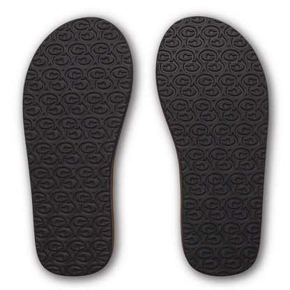 Cobian Dunes flip flops in Chocolate featuring black rubber outsoles with a repeating Cobian logo traction pattern for grip.