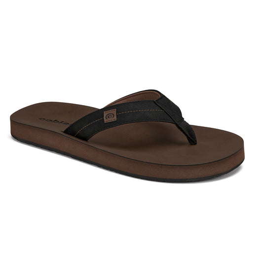 Cobian Dunes Chocolate flip flop featuring a black stitched strap with Cobian logo patch, brown footbed, and black rubber outsole.