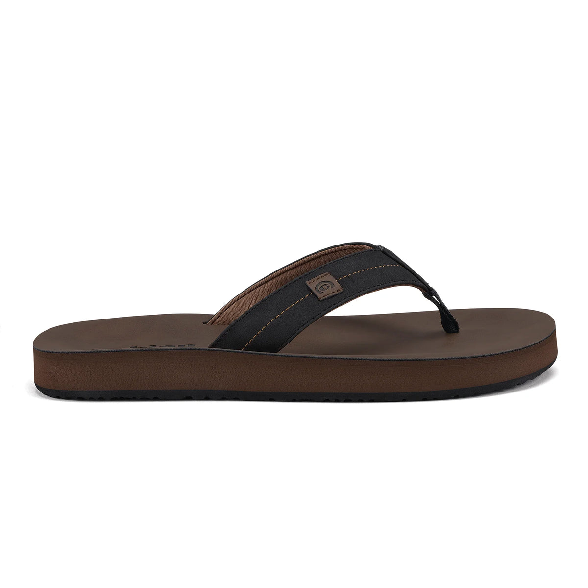 Side view of Cobian Dunes flip flops in Chocolate showcasing a brown cushioned footbed, black padded thong strap, and textured outsole.
