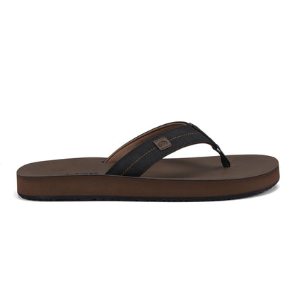 Side view of Cobian Dunes flip flops in Chocolate showcasing a brown cushioned footbed, black padded thong strap, and textured outsole.