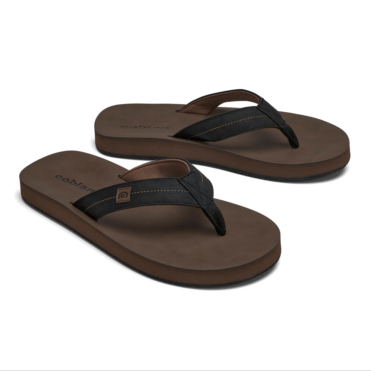 Cobian Dunes Chocolate men's flip flops featuring black stitched straps, brown footbeds, Cobian logo detailing, and casual beach sandal styling.