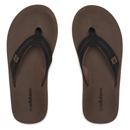 Top view of Cobian Dunes flip flops in Chocolate showing brown footbeds with Cobian branding, black V-shaped straps, and contrast stitching.