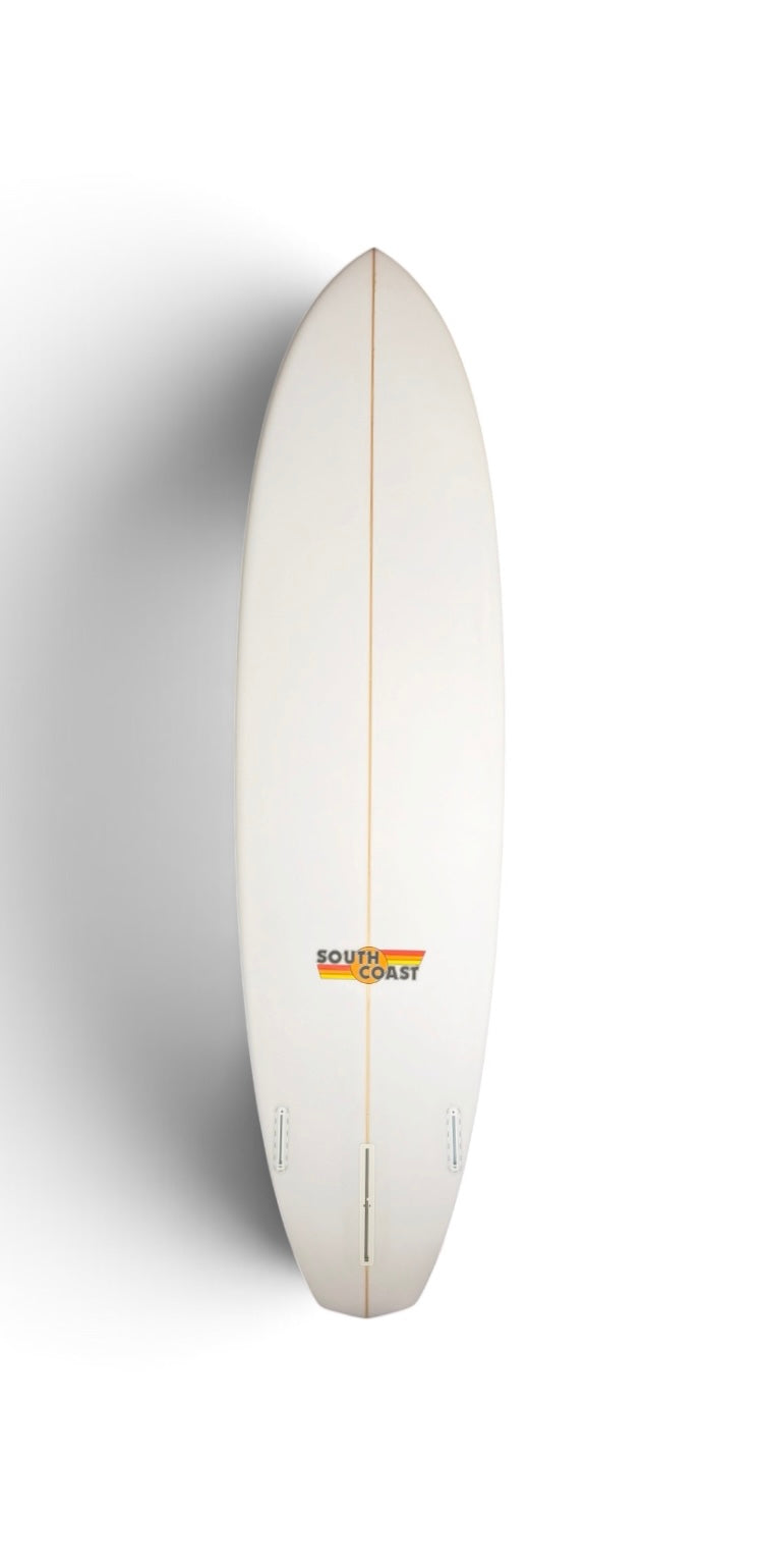 White board with Orange and Yellow South Coast Logo. 3 fin boxes that use FUTURE fins.