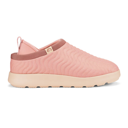 Side view of Cobian FlipSlip Mauve slip-on shoes with pink wave-pattern stitching, a soft fabric upper, and a thick cream-colored outsole.