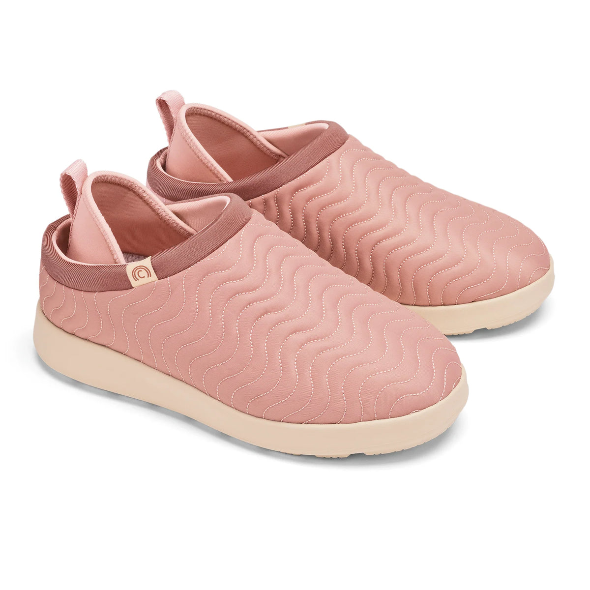 Cobian FlipSlip women's slip-on shoes in Mauve featuring quilted wave stitching, cushioned pink uppers, and cream-colored soles.