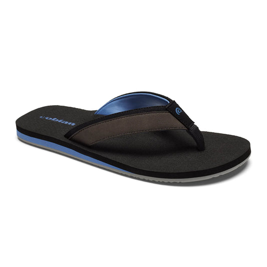 Cobian Foamie Black Flip Flop angled view featuring black footbed, gray straps, blue lining and blue midsole accent