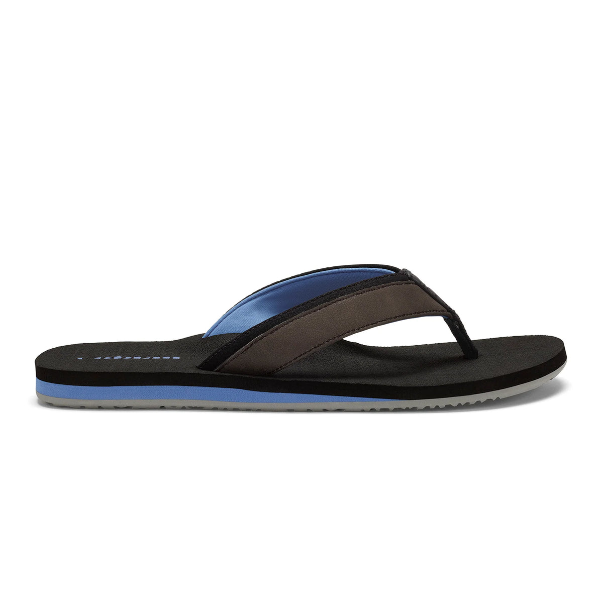 Cobian Foamie Black Flip Flop side profile showing cushioned black footbed, gray strap, blue midsole and rubber outsole
